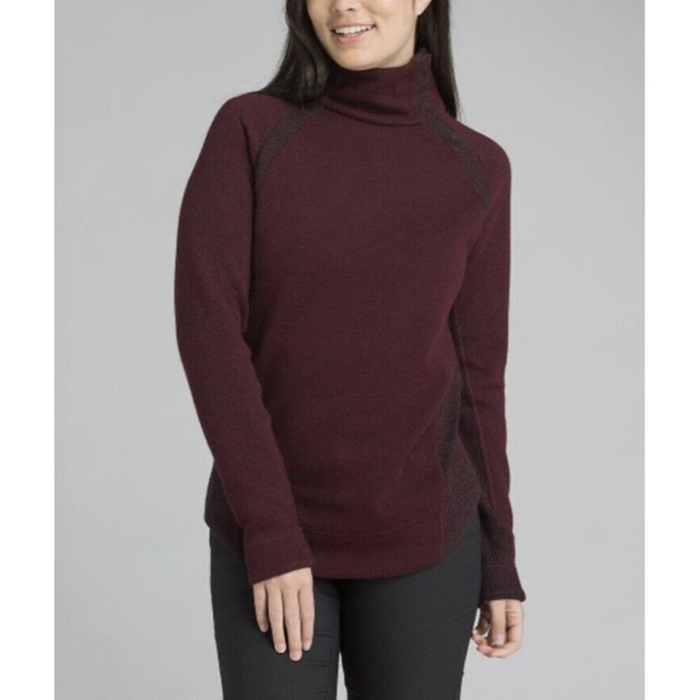 Prana Mulled Wine Heather Brandie Wool Blend Sweater Size S Mock Neck Red Cozy